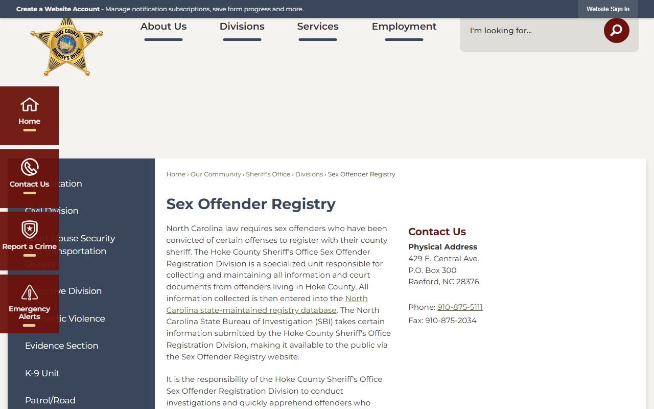 Hoke County Sheriff's Office sex offender registration division page