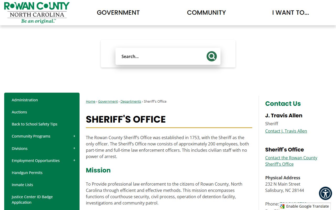 Rowan County Sheriff's Office website for sex offender registry