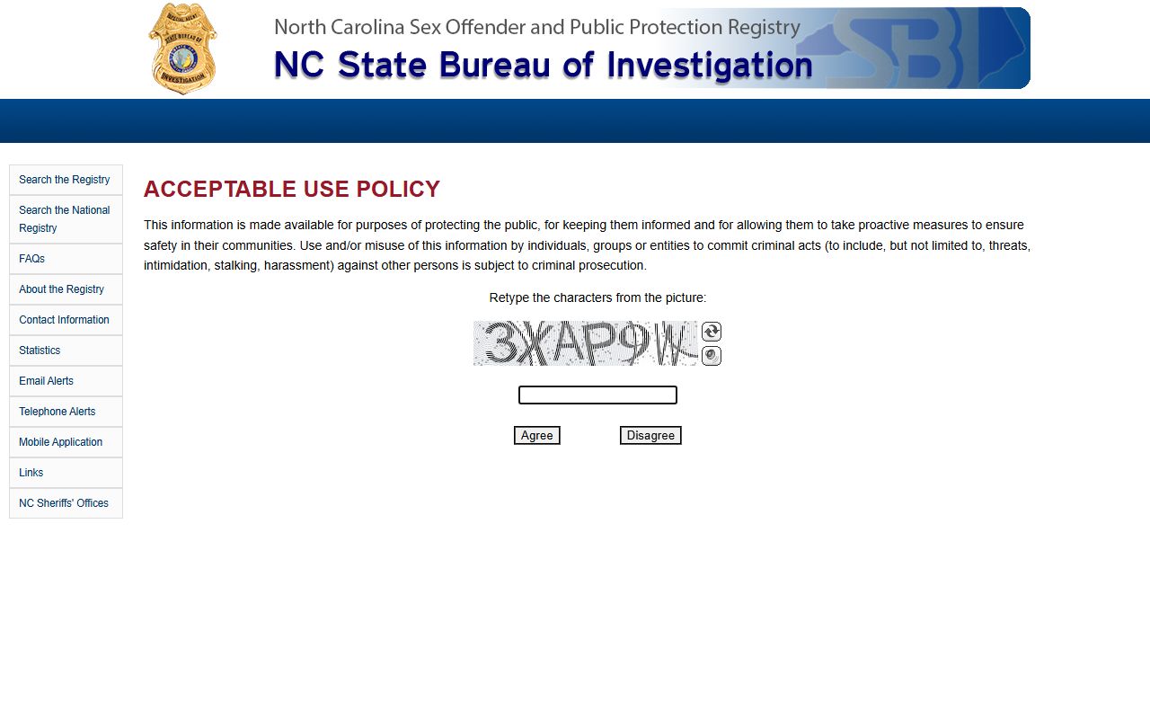 North Carolina Sex Offender Registry search page